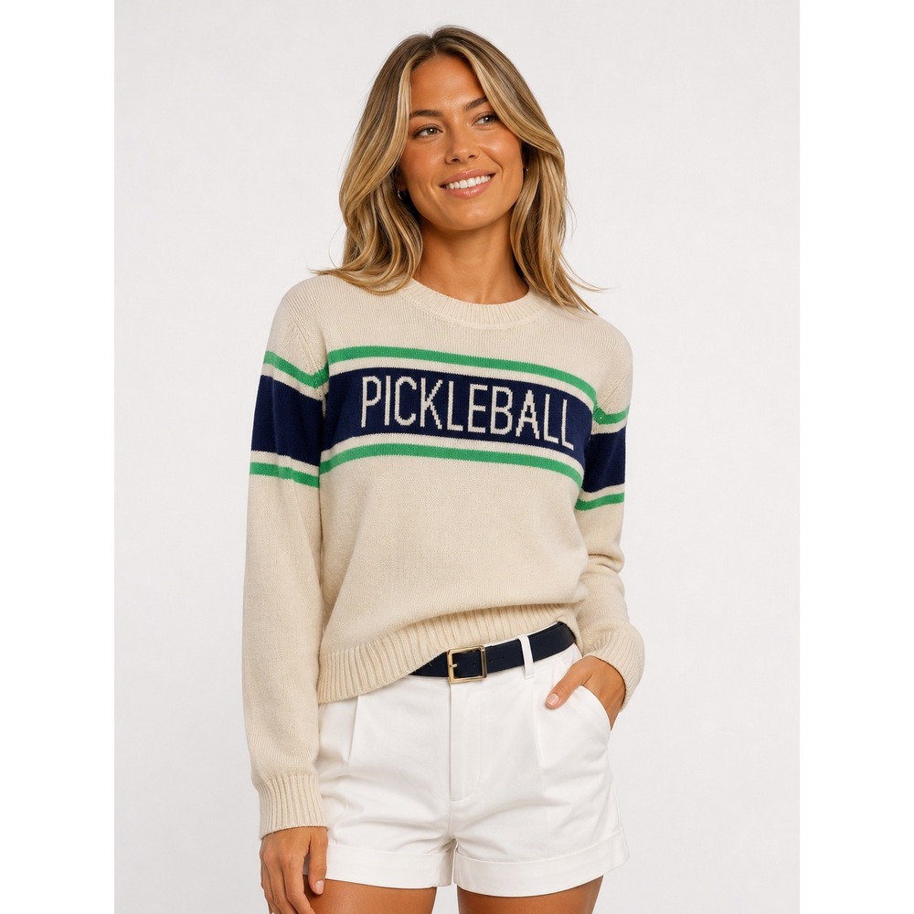Alashan 100% Cashmere Pickleball Sweater‎ Cream Navy Blue Striped Crewneck M